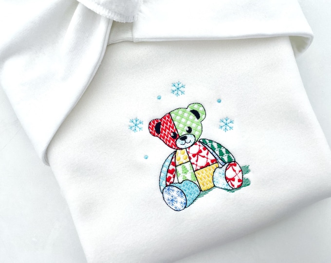 Patchwork Teddy Bear Nathan Christmas theme cute Teddy patterned silhouette outline kids baby machine embroidery designs sizes 4 up to 8 in