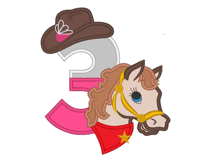 Cowgirl birthday number 3 THREE, only number 3 Farm Girl horse machine embroidery applique designs size 5, 6, 7 inches INSTANT DOWNLOAD