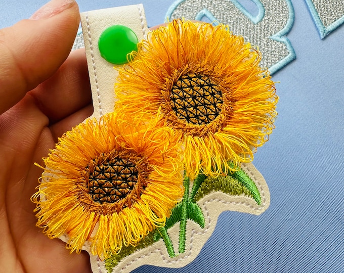 Sunflower key fob snap tab and eyelet Floral keychain in the hoop ITH machine embroidery designs Flower fluffy fuzzy Fringed Sunflower