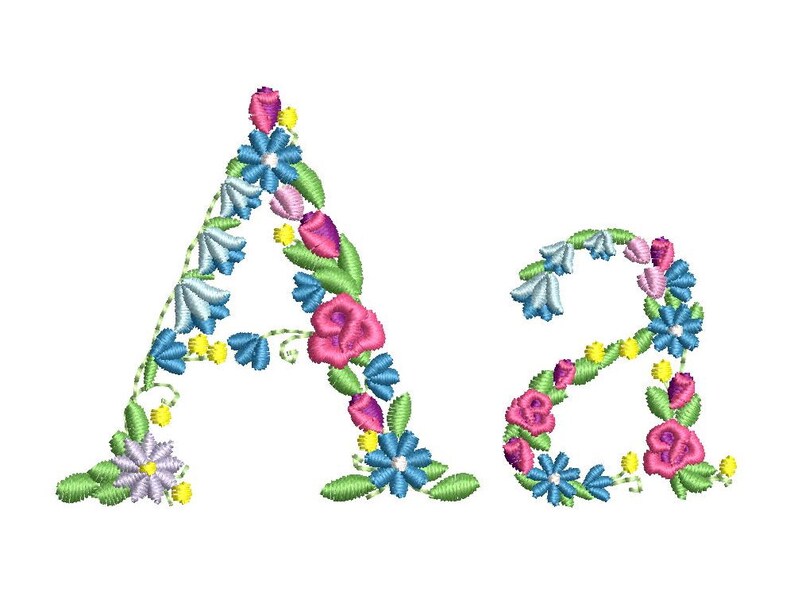 May include: Floral embroidered letters A and Z in pink, blue, yellow, and green.