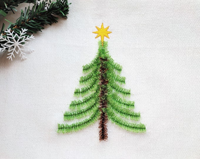 Fringed fluffy Christmas tree ITH in the hoop cute fluffy fringed spruce machine embroidery designs in assorted sizes, kids funny merry Xmas