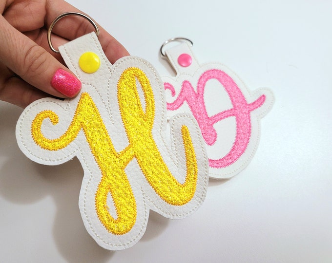 Big faux chenille initial Monogram A-Z key fob snap tab in the hoop ITH keyfob bag tag keychain machine embroidery designs for hoop 5x7