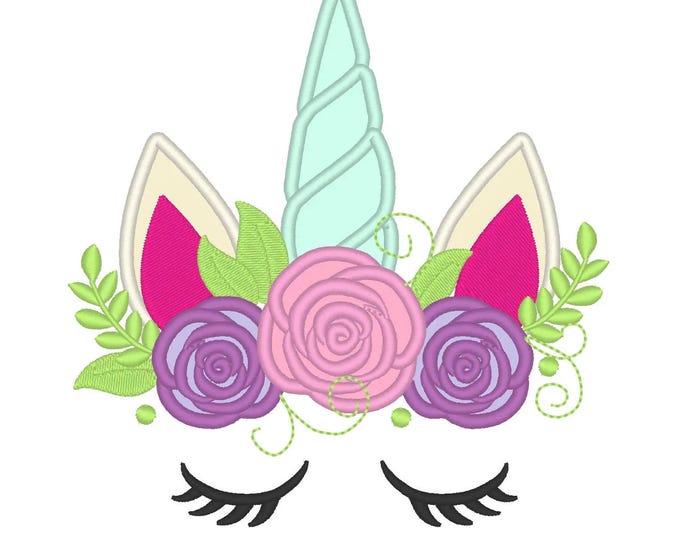 Unicorn head with shabby chic roses crown applique machine embroidery designs Rainbow unicorn face assorted sizes for hoop 4x4 and 5x7