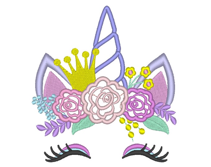 Birthday crown Unicorn with shabby chick roses crown applique machine embroidery designs applique Rainbow unicorn embroidery unicorn face