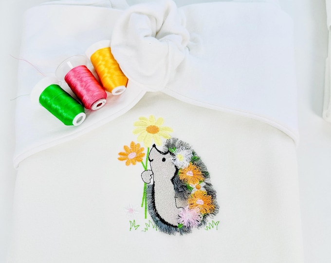 Cute Fringed Fluffy Hedgehog with flower stem Floral Fringe machine embroidery designs kids girls t-shirt fuzzy design sizes 4 up to 6 inch