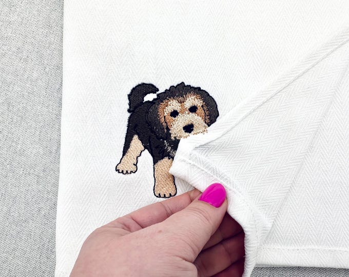 Cute playing Shepadoodle Puppy Dog Mama kitchen dish towel pet animal Thief kids machine embroidery designs ITH project simply in the hoop