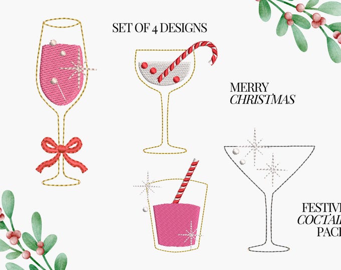 Festive Cocktail Pack SET of 4 designs HTV Glitter vinyl machine embroidery designs Wine Lovers Martini Sparkling Wine glass New Year Party