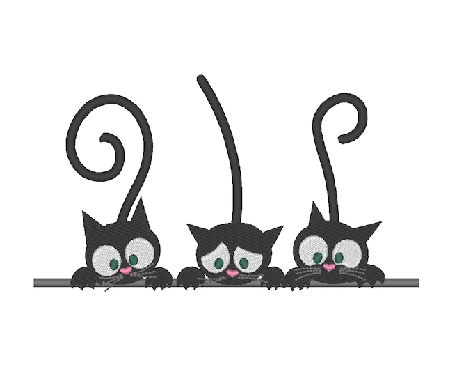 Black cats in a row, fill stitch design of 3 cats, machine embroidery designs in sizes 4x4, 5x7 and 6x10 - Halloween Black cats