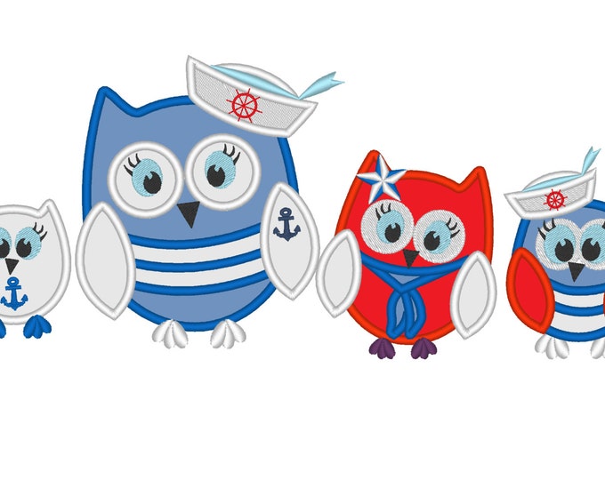 Nautical owls machine embroidery appliqué designs, 4 types of separate files, sizes for hoop 4x4, 5x7 cute seaside owl kids boy girl baby