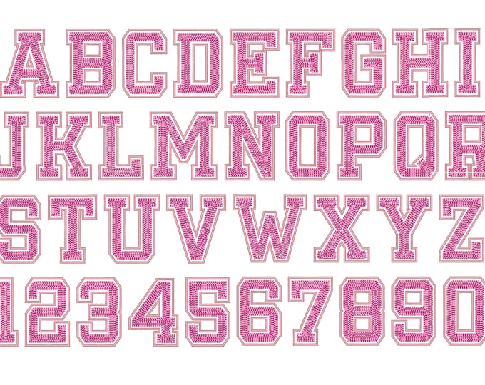 Chain stitch Varsity sport Athletic collegiate outline machine embroidery designs font download alphabet letters, chain, link chenille