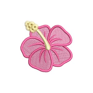 May include: Embroidered pink hibiscus flower with a yellow stamen. The flower has a detailed, textured appearance, with a delicate outline and intricate stitching. The design is isolated on a white background, highlighting the floral motif.