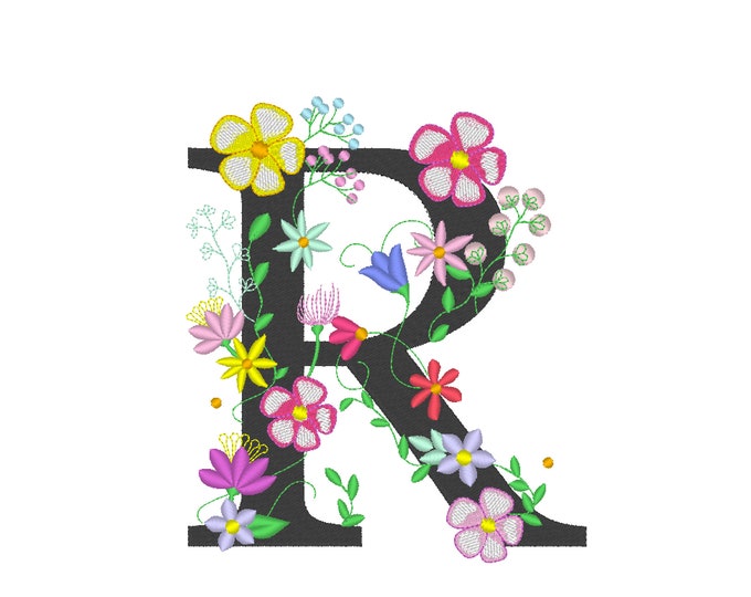 Floral letter R garden flag monogram lace swirl flowers block font and mini Font machine embroidery design monogram R only 4, 5, 6 and 8 in