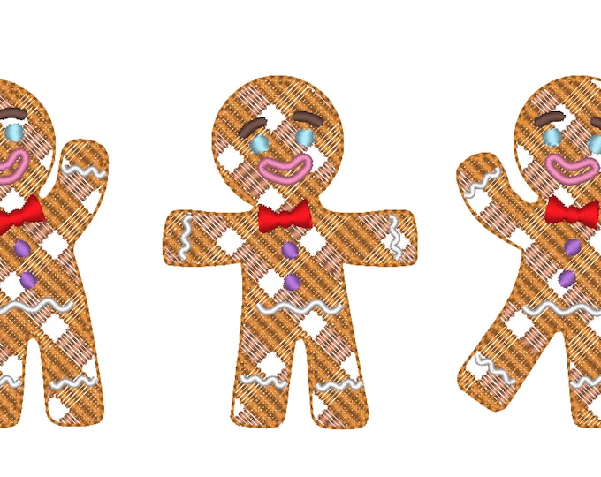 Christmas Gingerbread Man Trio, Gingerbread boys Machine Embroidery Designs in many sizes three happy gingerbread men cookies in a row
