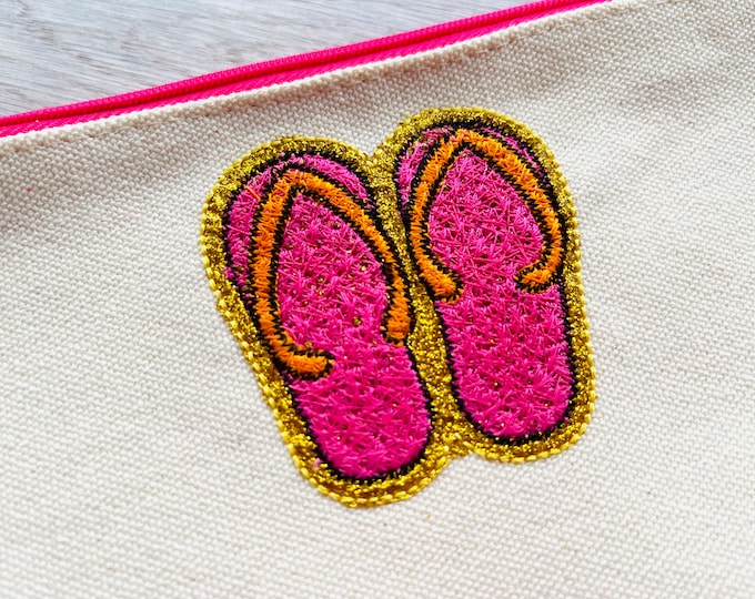 Summer flipflops flip flops Faux patch chenille stitches and Glitter HTV scraps glitter vinyl machine embroidery designs size 2.5 inches