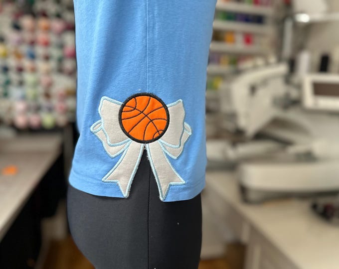 Basketball Sports small side Bow Applique machine embroidery designs wide ribbon Sports Girly Bow 4 to 6 inch split seam t-shirt sweatshirt