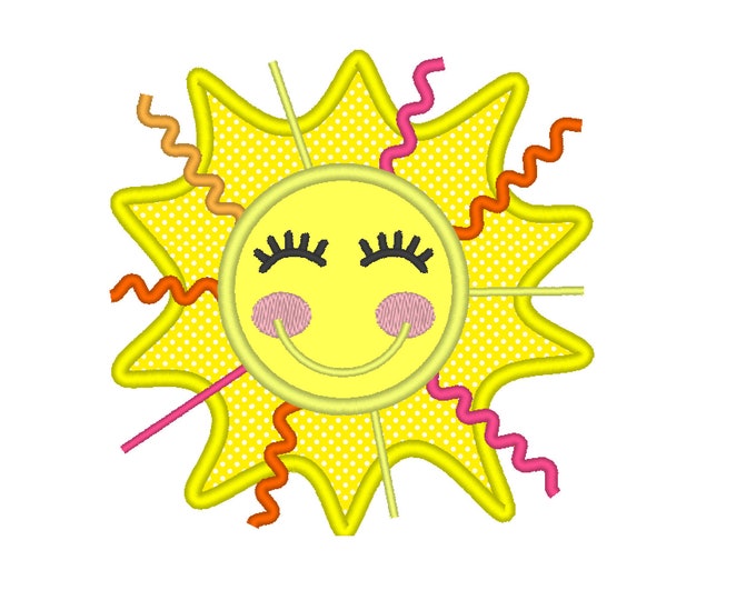 Ric Rac Ribbon & Trim Sunshine Sun applique, Summer machine embroidery applique design Smiling Sun, Beach, Summer, Spring  4x4, 5x7, 6x10