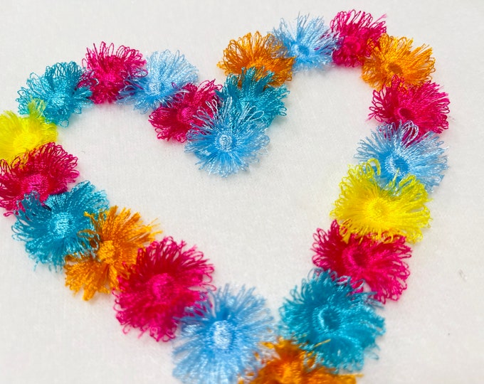 Fluffy Pom pom Valentine heart chenille awesome hearts Fringed fluffy Heart fringe ITH in the hoop machine embroidery designs Pompoms