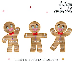 Kerstpeperkoek, drie peperkoekmannetjes op een rij, schets met lichte steek silhouet omtrek machineborduurontwerpen, leuk koekje