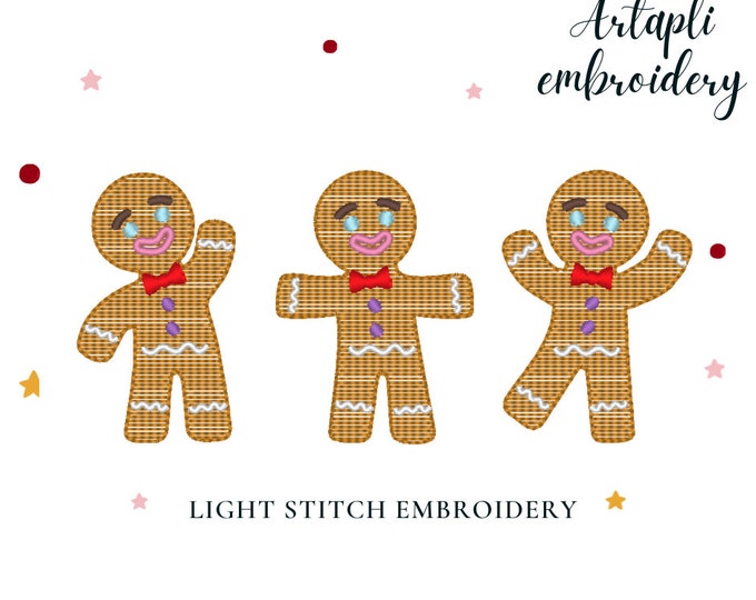 Christmas Gingerbread, three gingerbread men in a row, sketch light stitch silhouette outline machine embroidery designs, fun man cookie