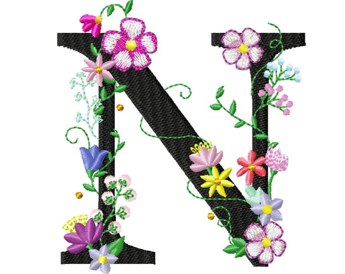 Floral letter N garden flag monogram lace swirl flowers block font and mini Font machine embroidery design monogram N only 4, 5, 6 and 8 in
