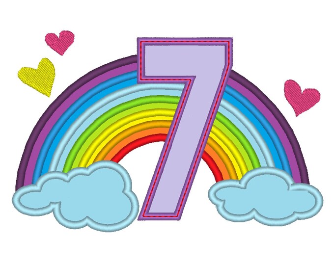 Cute Rainbow Birthday Number 7 SEVEN only machine embroidery applique designs, sizes 5, 6 and 7 inches INSTANT DOWNLOAD