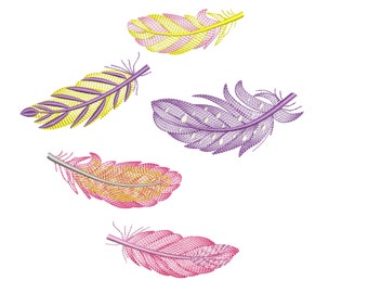 Light Tiger leopard printed Feathers, light delicate feathers single unique feather machine embroidery designs set 5 types sizes 3, 4, 5 in