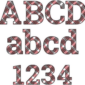 May include: A set of uppercase and lowercase letters and numbers in a plaid pattern with pink and gray colors. The letters are A, B, C, D, a, b, c, d, 1, 2, 3, and 4.