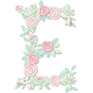 May include: A pink and green floral embroidery design of the letter E. The letter is formed by a vine of leaves and pink roses.
