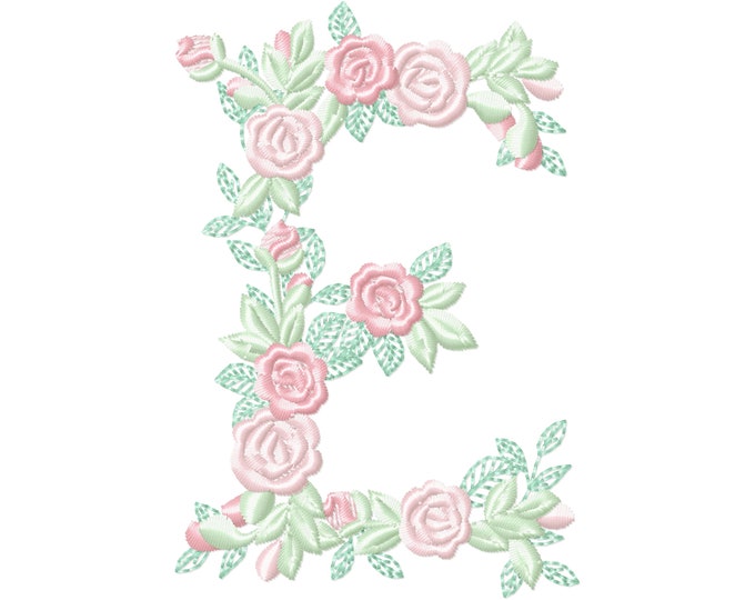 Delicate Roses Floral letter E garden flag monogram flowers flower flowered Font machine embroidery designs 3.5, 4, 5, 6, 7, 8 inches