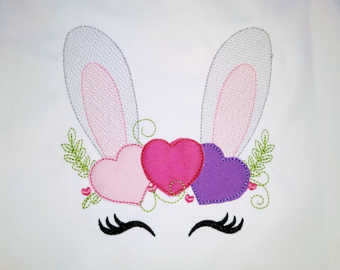 Sketch light stitch Bunny face with heart, hearts crown light triple bean stitch machine embroidery designs Valentine bunny face