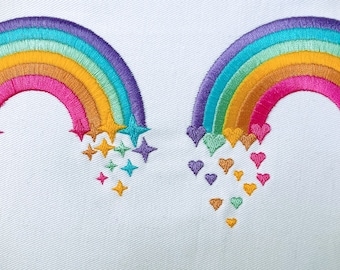 Joli ensemble de deux motifs de broderie machine Arc-en-ciel avec étoiles filantes et Arc-en-ciel avec coeurs qui tombent arc-en-ciel, taille 3,5, 4, 5 pouces