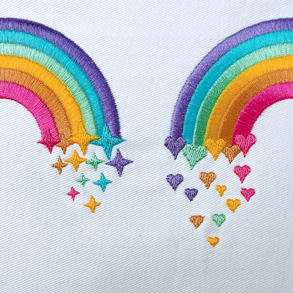 Cute Rainbows set of two Rainbow with falling stars and Rainbow with falling hearts rainbow machine embroidery designs size 3.5, 4, 5 inches