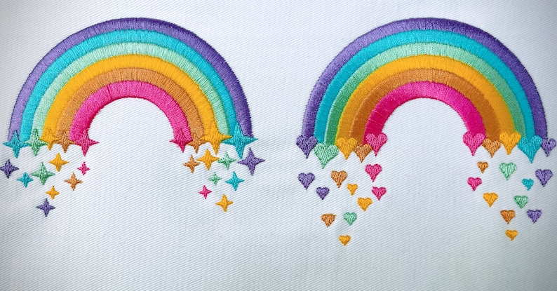 Cute Rainbows set of two Rainbow with falling stars and rainbow with falling hearts rainbow machine embroidery designs size 3.5, 4, 5 inches by Artapli embroidery formats PES HUS JEF EXP DST VIP VP3 XXX