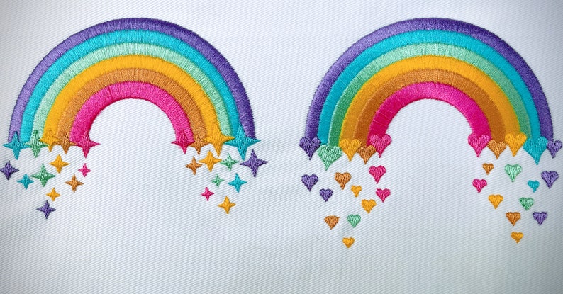 Cute Rainbows set of two Rainbow with falling stars and rainbow with falling hearts rainbow machine embroidery designs size 3.5, 4, 5 inches by Artapli embroidery formats PES HUS JEF EXP DST VIP VP3 XXX