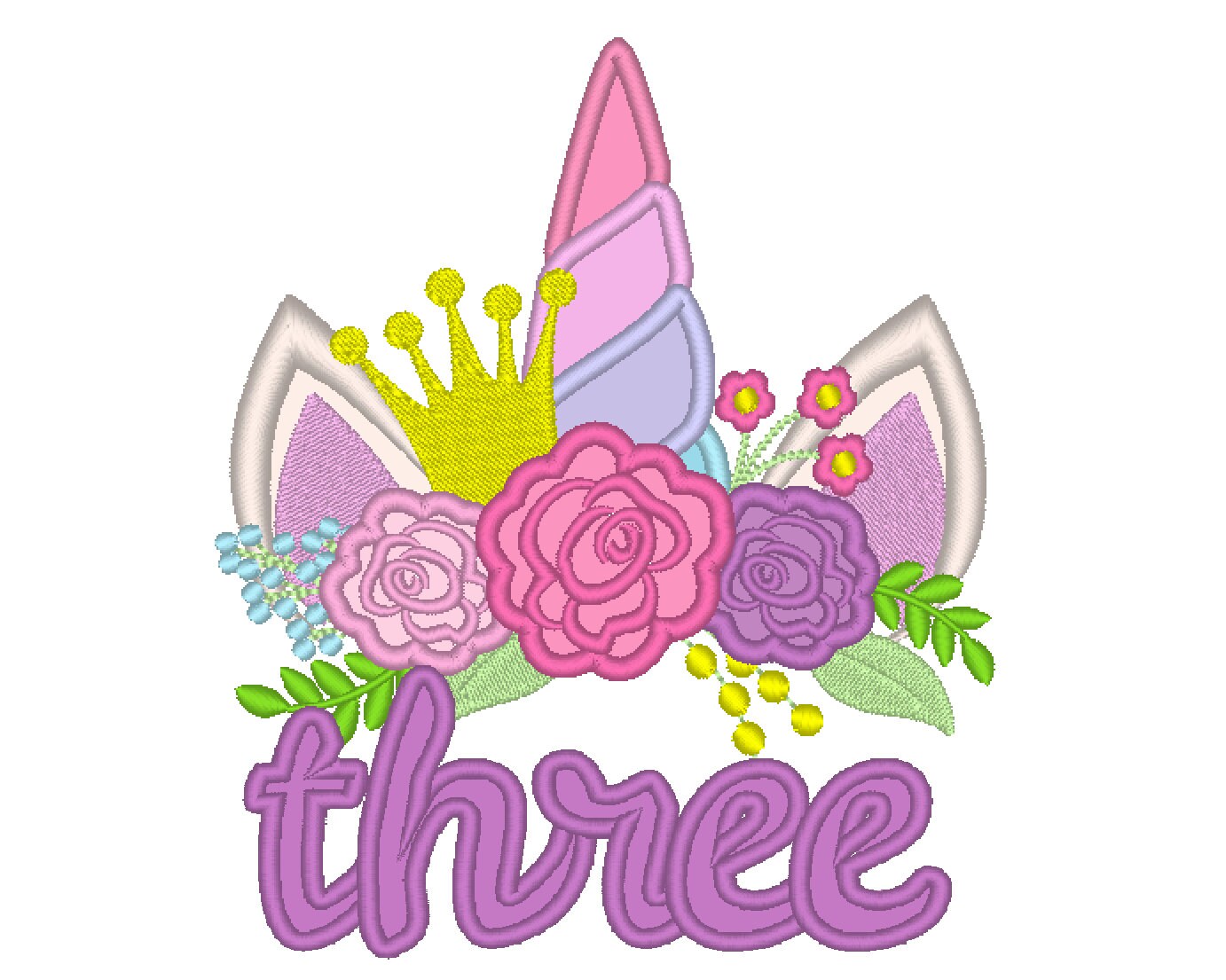 written number three birthday unicorn head with shabby chick roses