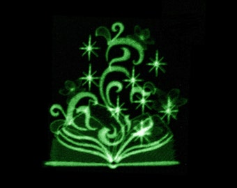 Magic Glowing Book Glow in the dark special thread machine embroidery designs sizes for hoop 4x4 and 5x7 reading kids awesome gift idea