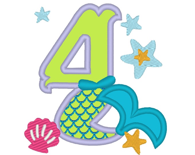 Mermaid Tail Birthday number, Mermaid number FOUR 4 applique, Mermaid Kisses and starfish wishes 4x4 5x7 mermaid embroidery design