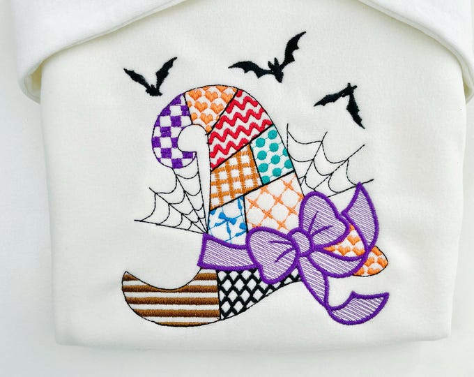 Patchwork Witch Hat Halloween theme awesome patterned Witch Hat outline girls machine embroidery designs sizes 4 up to 8 inch light stitch