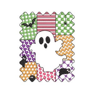 May include: A white ghost with black eyes and mouth is centered in a patchwork design. The patchwork includes green plaid, red stripes, orange zigzags, and purple hearts. A bat and spider are also featured.