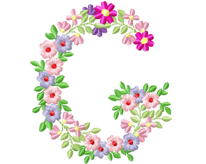 Country Floral letter G garden flag monogram flowers flower flowered Font machine embroidery designs monogram G only 3.5, 4, 5, 6, 7, 8 in