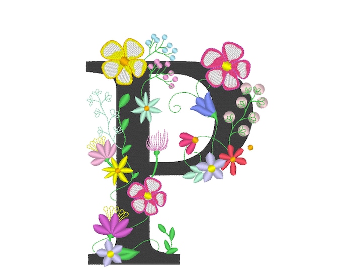 Floral letter P garden flag monogram lace swirl flowers block font and mini Font machine embroidery design monogram P only 4, 5, 6 and 8 in