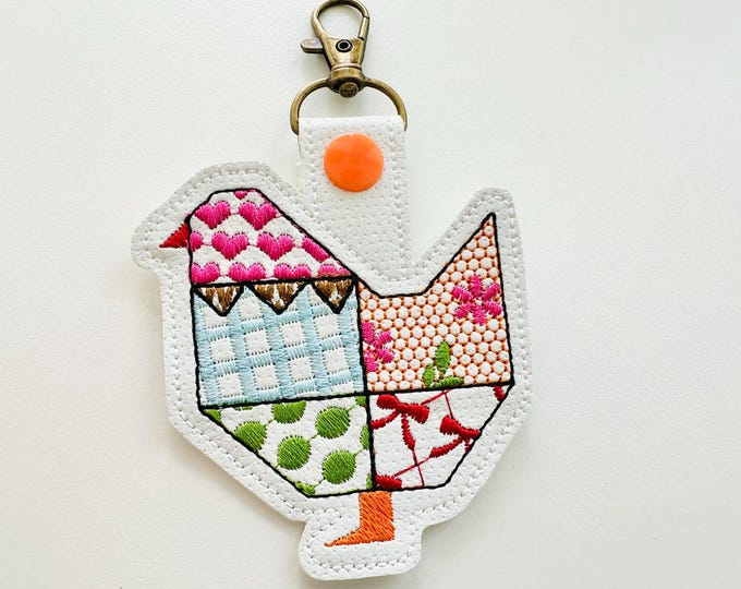 Patchwork Folk Chicken 2 types Eyelet and Key Fob snap tab ITH in the hoop keychain machine embroidery designs farm bird patterned outline