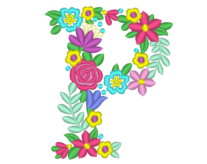 Floral letter P garden flag monogram liberty fashioned flowers flower Font machine embroidery designs monogram P only 4, 5, 6 and 8 in