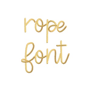 May include: A digital illustration of the words "rope font" in a cursive style. The letters are made of a thick, textured, golden-brown rope against a clean white background. The design is simple and eye-catching.