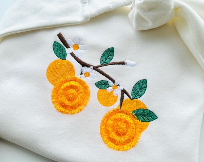 Fringed fluffy Orange citrus fruit SET of 3 types fluffy fringe floral Branch garden farm kitchen machine embroidery designs assorted sizes