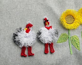 Fringe Chicken chick Cute Fluffy earrings charm necklace pendant FSL freestanding lace machine embroidery designs fur fuzzy farm bird