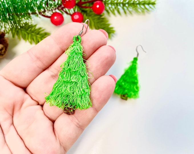Christmas Tree fringed fluffy Earrings or Charm in the hoop FSL freestanding lace kids girls machine embroidery designs size approx 2 inch