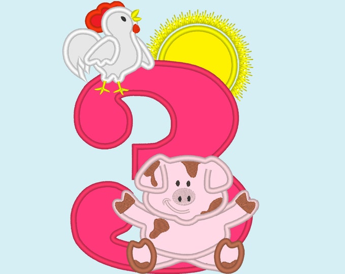 Farm birthday number three 3 with pig and rooster - cute farm theme machine embroidery applique design  5x7 INSTANT DOWNLOAD farm animals