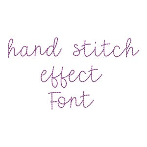 May include: White background with the words "hand stitch effect Font" in a purple, handwritten style. The text appears to be created with a stitched effect, giving it a textured appearance.