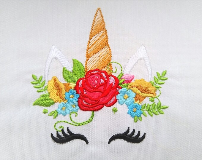 Unicorn head with shabby chick rose floral crown fill stitch machine embroidery designs assorted sizes, rainbow unicorn face and eyes flower